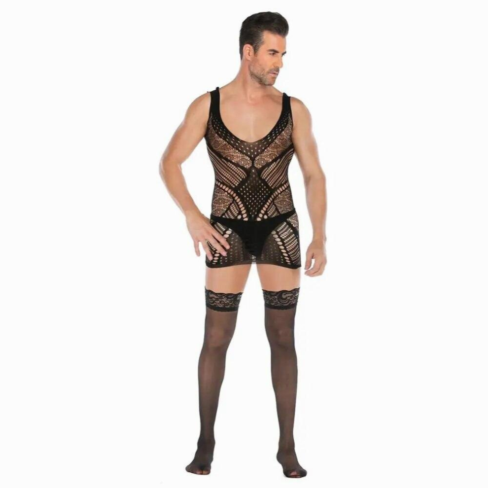 Multicoloured Sexy Man Plus Dress Fishnet Bodystocking Lingerie Suit With Socks