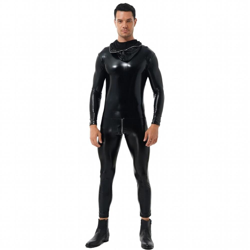 Men Latex Catsuit Wet Look Patent Leather Hooded Bodysuit Zipper Skinny Jumpsuits Nightclub Halloween Role Play Costumes
