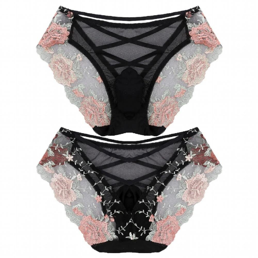 Men Lace Briefs Panties Seamless See-Through Embroidered Sissy Underwear Bulge Pouch Hollow Out Cross Exotic Low Rise Underpants
