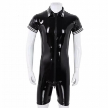 Plus Size Mens Sexy Glossy PVC Leather Bodysuit Erotic Shaping Latex Casual Coat Male Metallic Patent Leather Shirts Sexi