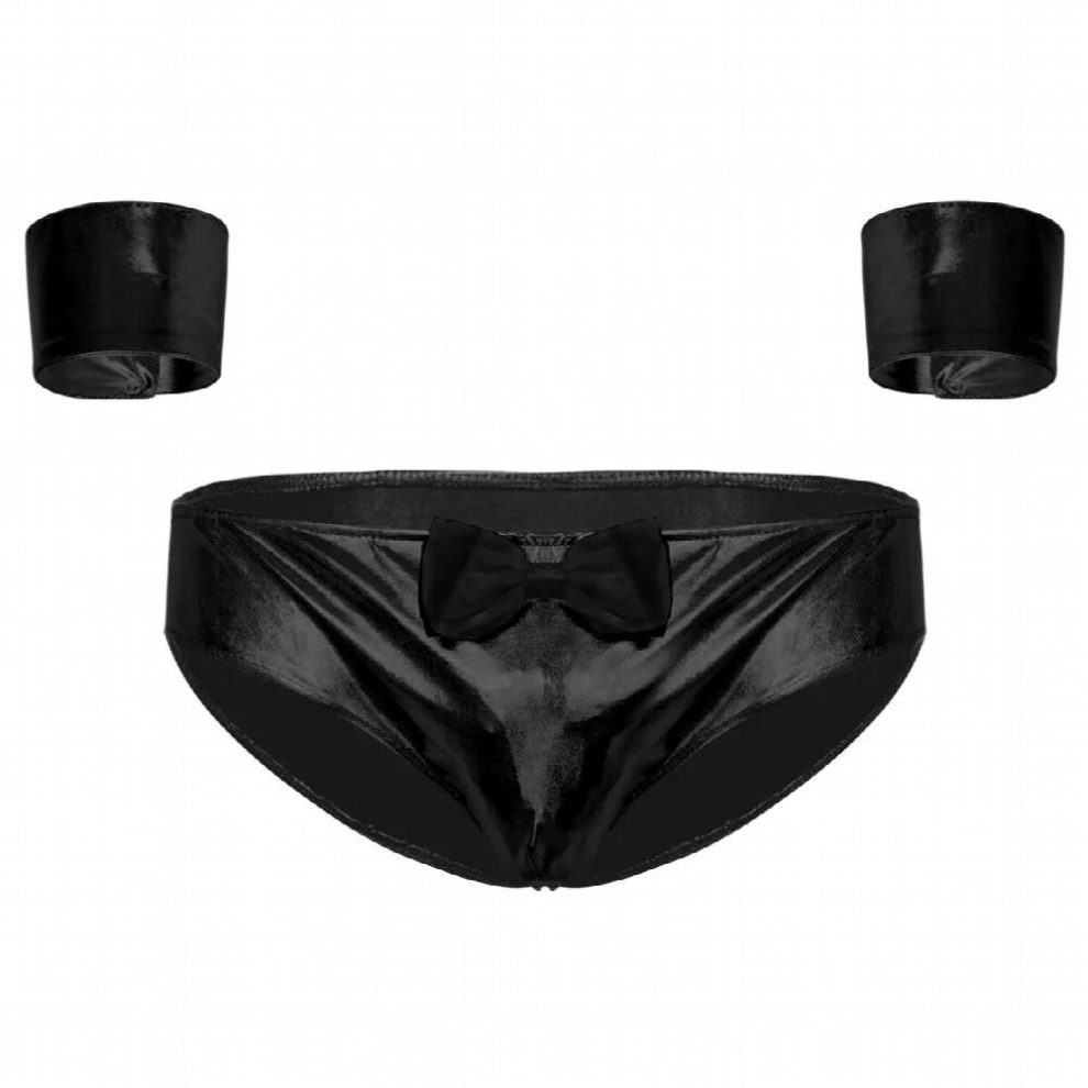 Black Men Metallic Gentleman Lingerie Erotic Servant Maid Jockstrap Briefs With Cuffs Wetlook Front Bowknot Gay Panties Clubwear