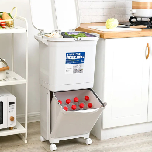 Living And Home 45L White 2-Tier 3-Compartment Dustbin Kitchen Trash Can with Wheels