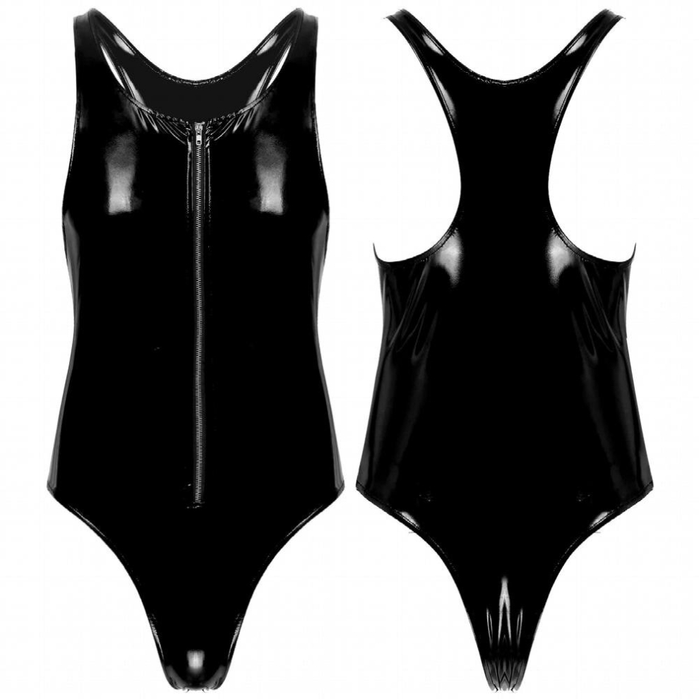 Mens Glossy Lingerie U Neck Sleeveless Bodysuit One-piece Swimwear Beachwear Latex Patent Leather Zipper Leotard Party Clubwear