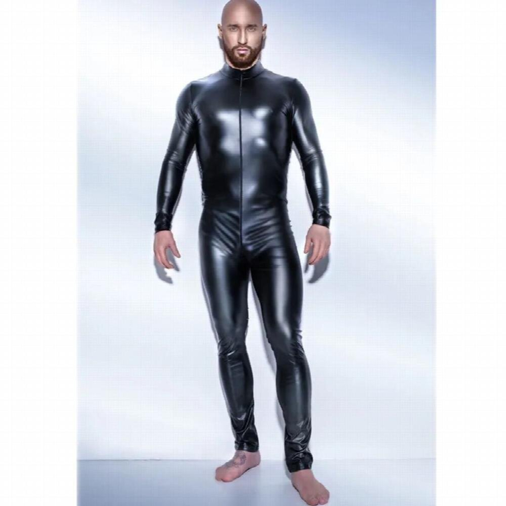 Black Men Sexy Wetlook Faux Leather Latex Catsuit Bodysuit Erotic Lingerie Zentai Gay Fetish Wear Pvc Costume Open Crotch Clubwear