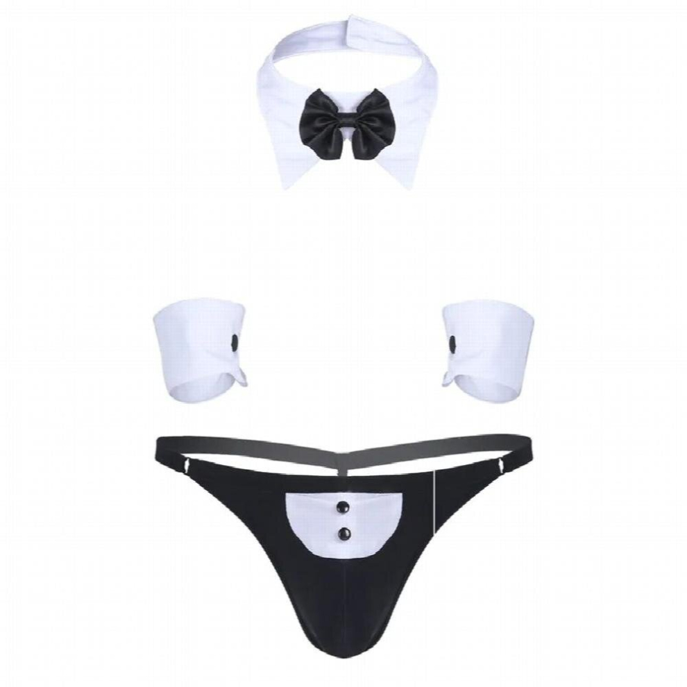 Multicoloured Mens Waiter Costume Sexy Erotic Lingerie Sets For Men Low-Rise Tuxedo Thongs Sissy Panties Underwear With Collar Bracelet
