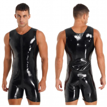 Mens Zipper Patent Leather Bodysuit Glossy Round Neck Sleeveless Jumpsuits Clubwear Pole Dance Stage Performance Costume