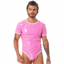 Mens Wet Look Patent Leather Short Sleeve Zipper Back Leotard Bodysuit One Piece Button Crotch Jumpsuit Catsuit Clubwear
