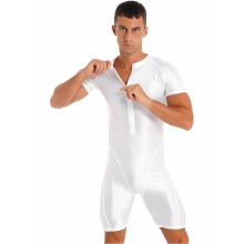 Mens Short Sleeve Zipper Bodysuit Gym Fitness Swimming Suit Biketard Unitard Wrestling Singlet Jumpsuit Sportwear