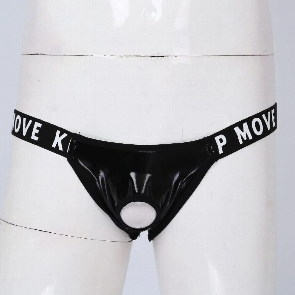 Mens Lingerie Latex Patent Leather Underwear Letter Print Waistband Bulge Pouch Underpants Jockstrap Crotchless Open Butt Briefs