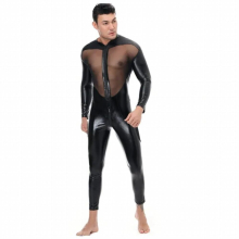 Men sexy wetlook faux leather mesh see-through catsuit zipper open crotch tight PVC bodysuit male fetish erotic lingerie