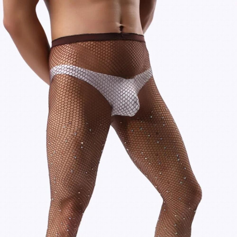 Multicoloured Mens Coffee Tights Sexy Fishnet Stockings Mens High-Stretch Rhinestone Pantyhose Man Transparent Net Tights