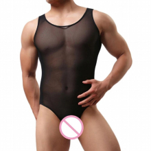 Sexy Men Undershirt Leotard Mesh Transparent Bodysuits Singlet Jumpsuits Fishnet Gay male Underwear Exotic Lingerie Catsuit