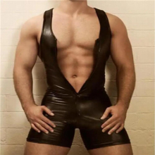 Summer Sexy Men Faux Leather Sexy Tight Bodysuit Long Zipper Sleeveless Bodysuit Fetish Costume Tank Tops Short Pant