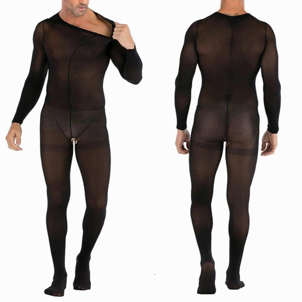 Sexy Sheer Bodysuit Man Open Crotch Pantyhose Transparent Stockings Gay One Piece Jumpsuit Sissy Crotchless Full Body Stockings