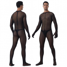 Mens Lingerie See-through Mesh Bodystocking Zipper Crotch Bodysuit Sheer Skinny Jumpsuits Nightclub Stage Performance Costume