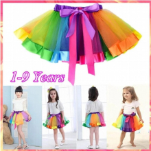 2-8 Rainbow Little Girls Layered Tulle Rainbow Tutu Skirts Bow Ruffle Dance Bubble Ballet Dress