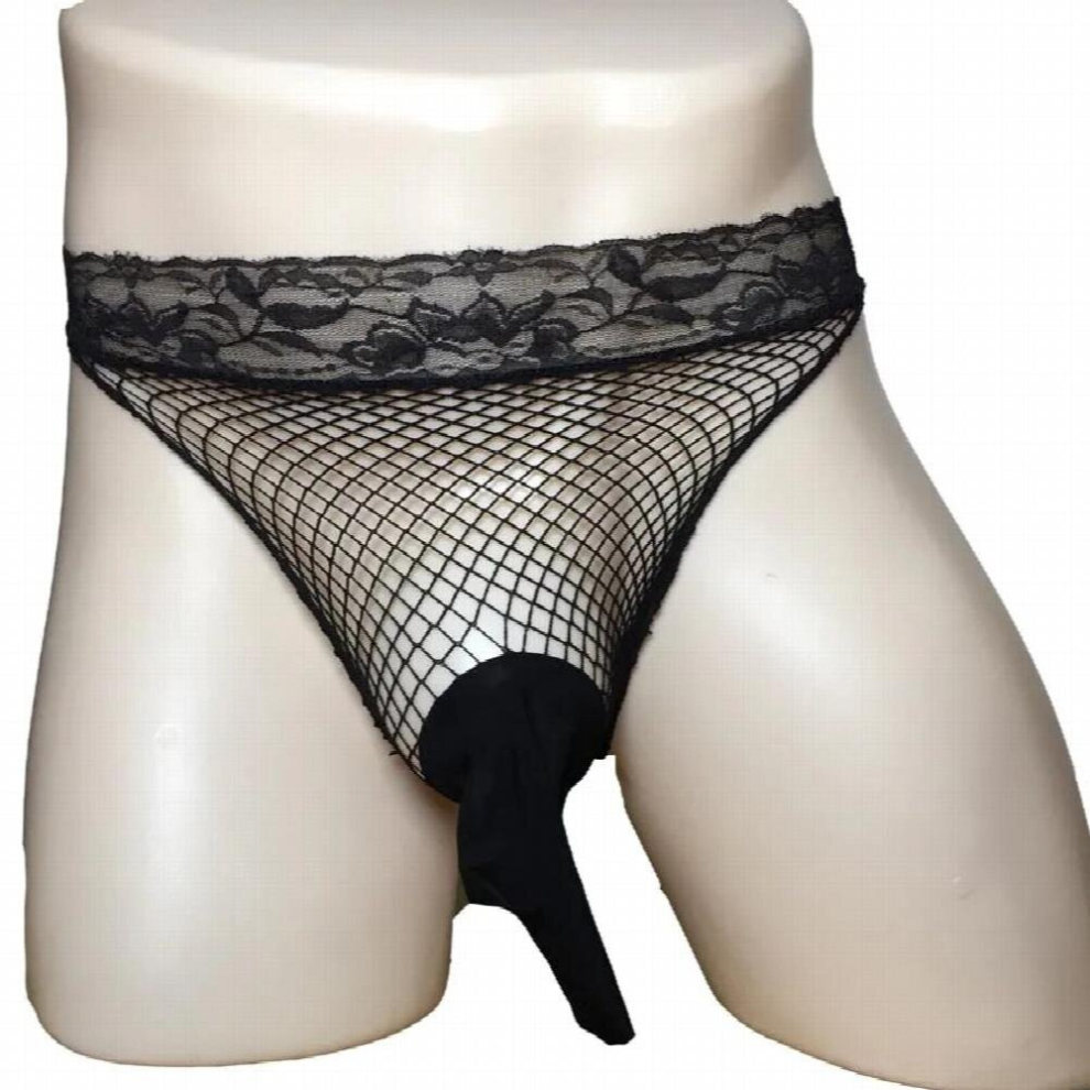 Black Sexy Lingerie Sissy Fetish Men Small Mesh Fishnet Tight Boxer Brief Thong Shorts Cock Sheath Erotic Underwear Stockings