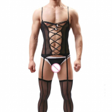 Plus Size Men Sleepwear Sexy Lingerie with Garter Belt Stockings Striped Jumpsuit Nightgown Man Sexy Costumes