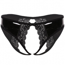 Women Crotchless Underwear Wet Look Patent Leather Lingerie Low Rise Open Butt Panties with Lace Edge Cheeky Hipster Briefs