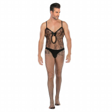 Mens Half-sleeved Open Stall Erotic Pajamas Uniform Seduction High Stretch Jacquard Jumpsuit Cupless Crotchless Lingerie