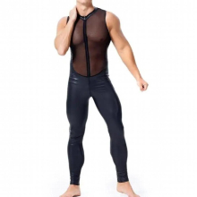 Erotic Latex bodysuit men wetlook Faux Leather Mesh lingerie Open Crotch pvc Catsuit Zipper Catsuit Fetish Wear Sexy Costume