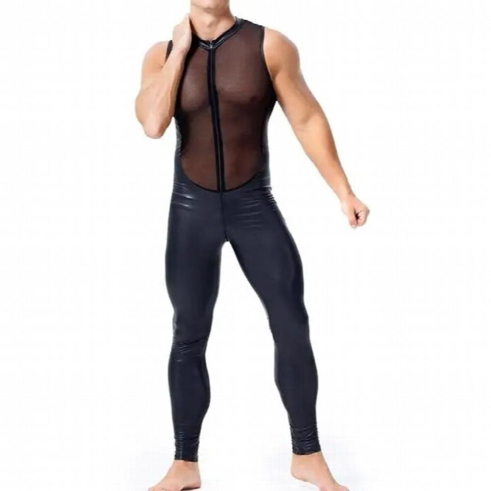 Black Erotic Latex Bodysuit Men Wetlook Faux Leather Mesh Lingerie Open Crotch Pvc Catsuit Zipper Catsuit Fetish Wear Sexy Costume