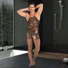 Sexy Nightwear Men Bodysuit Hollow Bar Club Dance Party Transparent Underwear Male Sleepwear Body Stockings