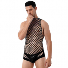 Men Sleeveless See-through Bodysuits Hollow Out Netted Jumpsuit Halter Neck Stretchy Bodystockings Lingerie Nightwear One-piece