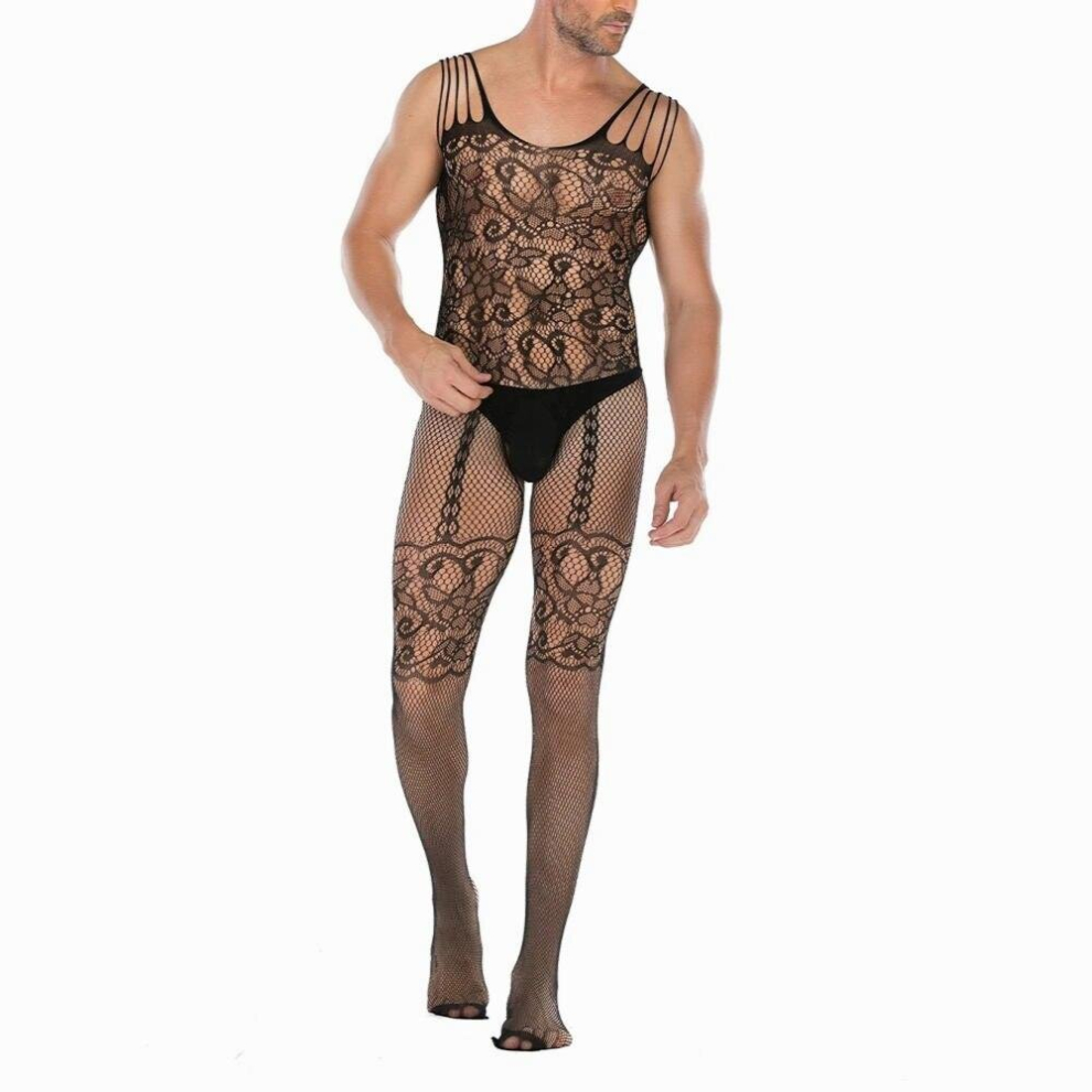 Multicoloured Men Bodysuit Sexy Lingerie Jacquard See Through Fishnet Bodysuits Hollow Jumpsuit Sissy Body Stockings Open Crotch Rompers
