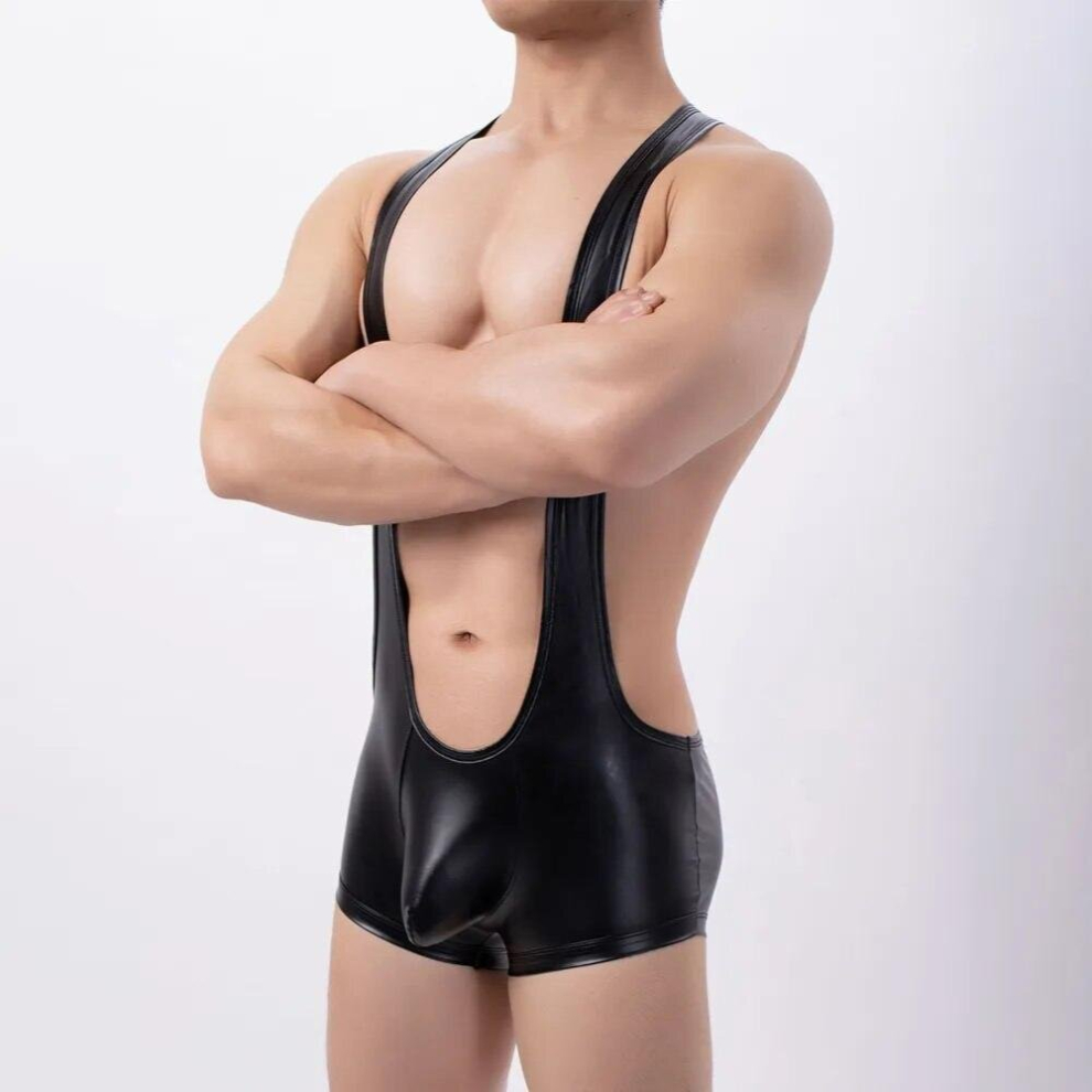 Mens Bodysuit Sexy PU Leather Gay Jock Strap WetLook Underwear Penis Pouch Boxer Briefs G-Strings Slip Jockstrap Men Lingerie