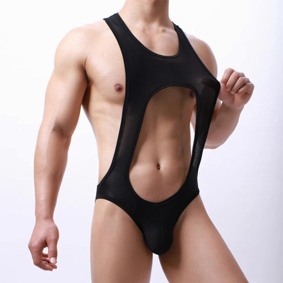 Black Men Sexy Bodysuit Jock Strap Mesh Open Back Lingerie One Piece Sexy Gay Jumpsuits Wrestling Singlets Undershirts Leotard Exotic