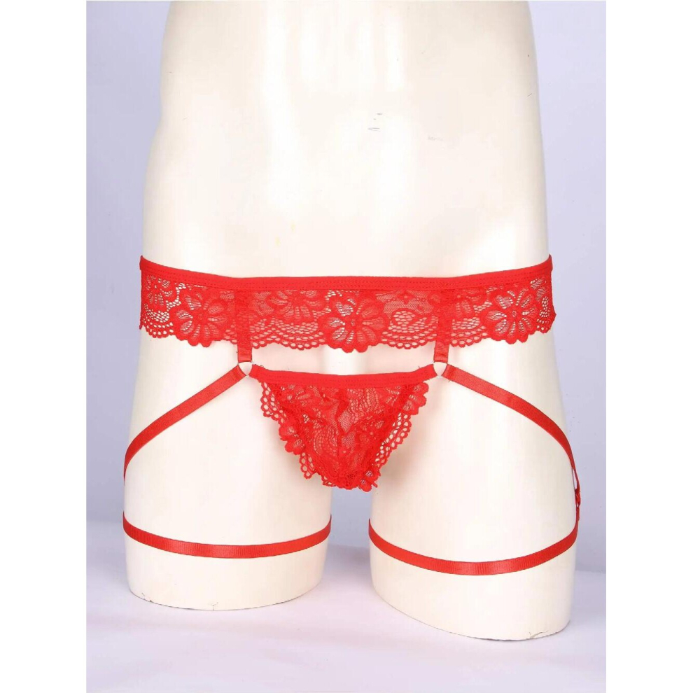Mens Sexy Panties See Through Lace Bulge Pouch Thongs with Low Rise Garter Belt G-string Erotic Sissy Underwear Underpants