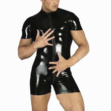 Men Sexy Sissy Gay Faxu Leather Shinny Bodysuit Man Gay Erotic Apparel Zipper Open Crotch Singlet Jumpsuit Male Playsuit
