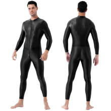 Mens One-piece Shimmery Smooth Lingerie High Neck Long Sleeves Ankle Length Double-ended Zipper Leotard Bodysuit Jumpsuit