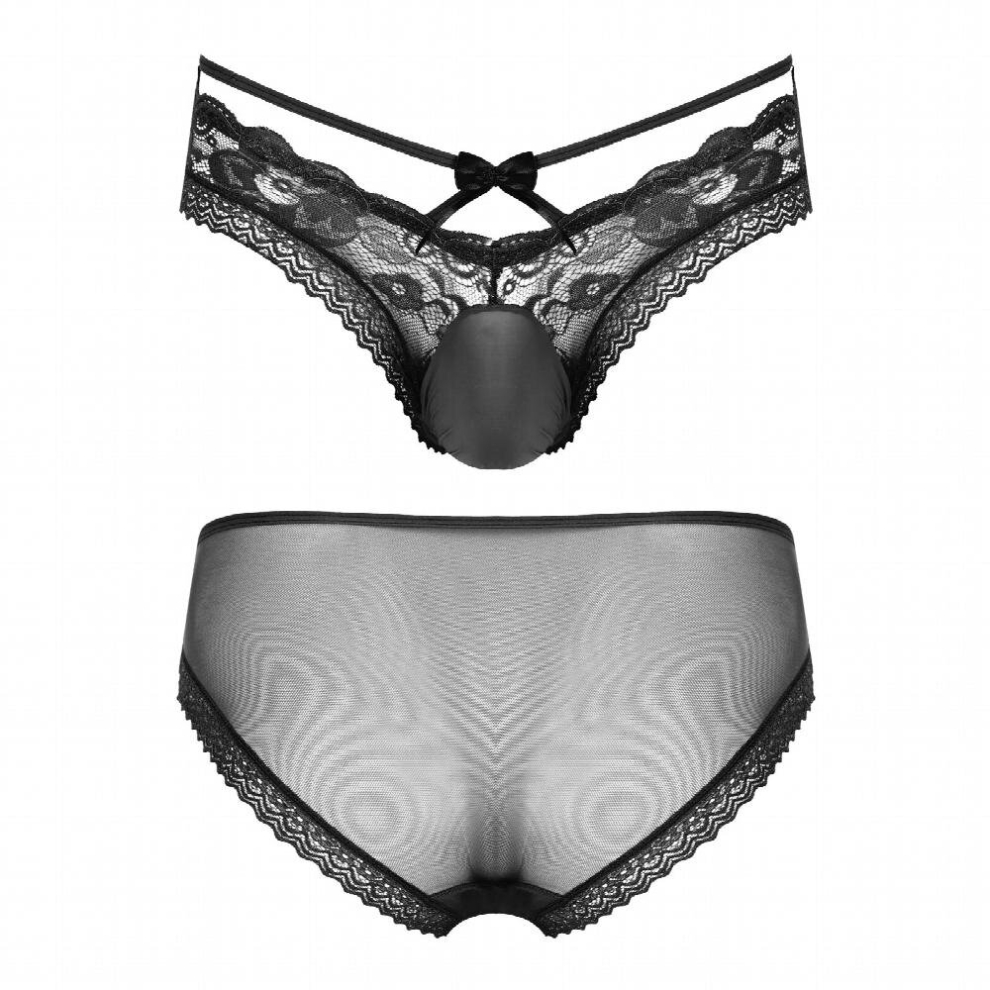 Black Mens Sexy Panties Bowknot Lace Trim Bulge Pouch Underpants Gay Sex Sissy Underwear Low Waist See-Through Erotic Briefs