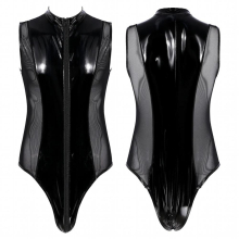 Plus Size Exotic Bodysuit Men Patent Leather Sheer Mesh Splice Lingerie Sleeveless Double Zipper High Cut Thong Leotard