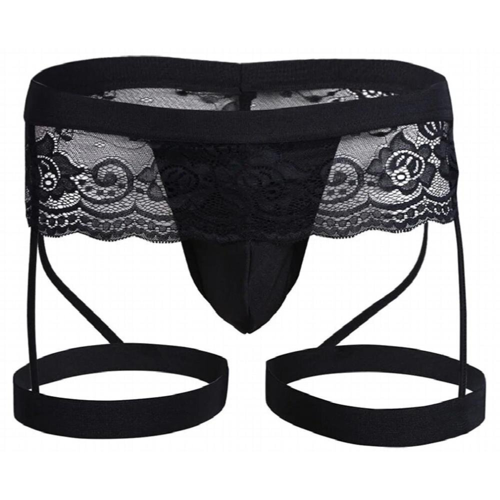 Black Male Lace Garter Sexy Thong Mesh Hollow Erotic Underwear Porn Star Panties For Sex Gay Soft Men Underpants
