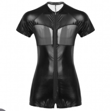Mens Metallic Latex Catsuit Crew Neck Short Sleeves Mesh Patchwork Skin-Tight Leotard Short Bodysuit Jumpsuit Clubwear