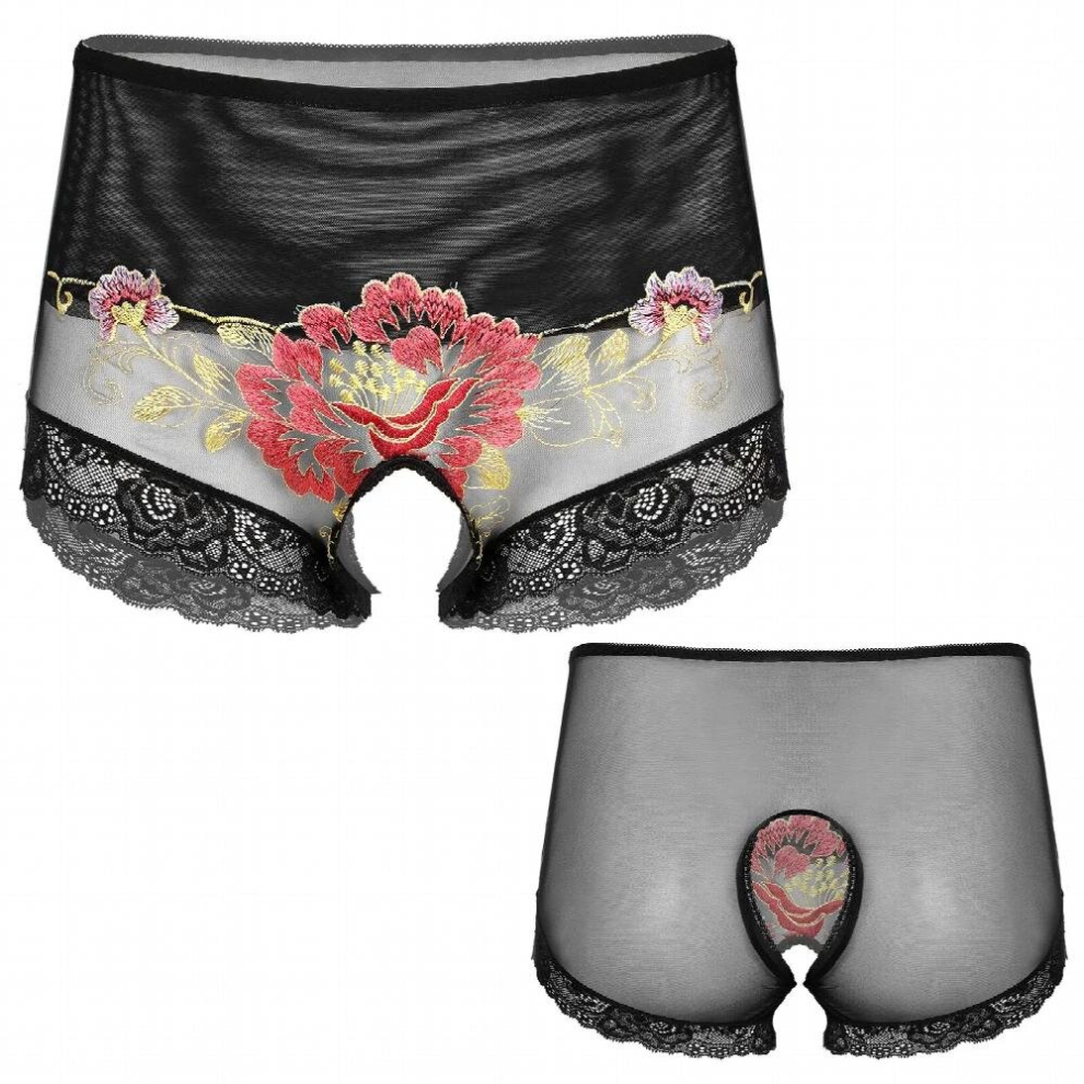 Mens Erotic Lingerie Flower Embroidery Crotchless Briefs Lace Trim See-through Mesh Underpants Sissy Underwear