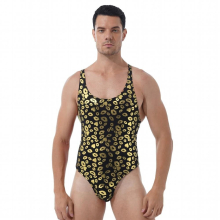 Lip/Skull Print Bodysuit Underwear Men Round Neck Sleeveless Sexy Jumpsuit High Cut Leatord One-piece Swimsuit Nightwear