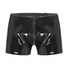 Male Sexy Boxer Underpants Wet Look Patent Leather Shorts Boxers Zipper Front Open Crotch Lingerie Nightclub Bar Stage Costume