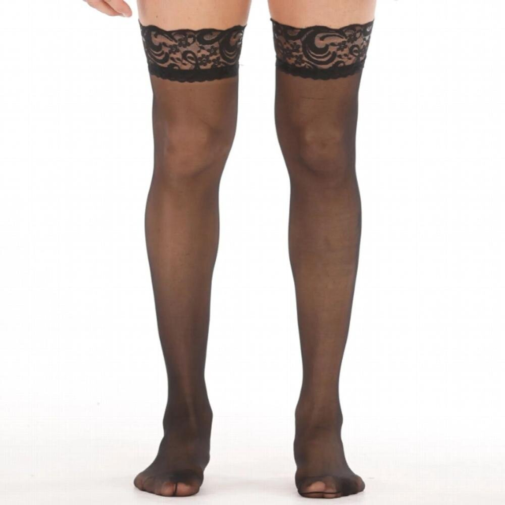 Black Mens Lace Stockings Sexy Long Tube Transparent Hosiery Over Knee Thigh High Stocking Sissy Gay Exotic Apparel Male Underwear