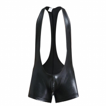 Sexy Men Bodysuits Leotard PU Leather Wrestling Singlet Jumpsuits Bugle Pouch Undershirts Shorts Teddies Clubwear One-Piece