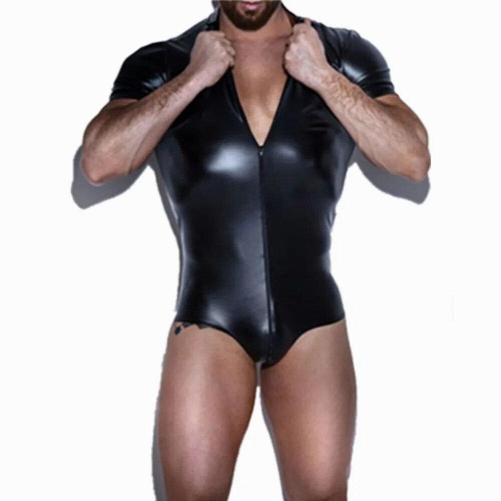 Black Men Lingerie Costumes Wetlook Patent Leather One-Piece Sleeveless Leotard Back With Zipper Bodysuit Jumpsuit