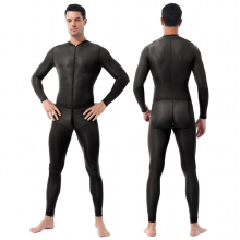 Mens Sexy Lingerie Long Sleeves Double Zipper Sheer Smooth Solid Open Crotch Erotic Sleepwear Jumpsuit Bodysuit