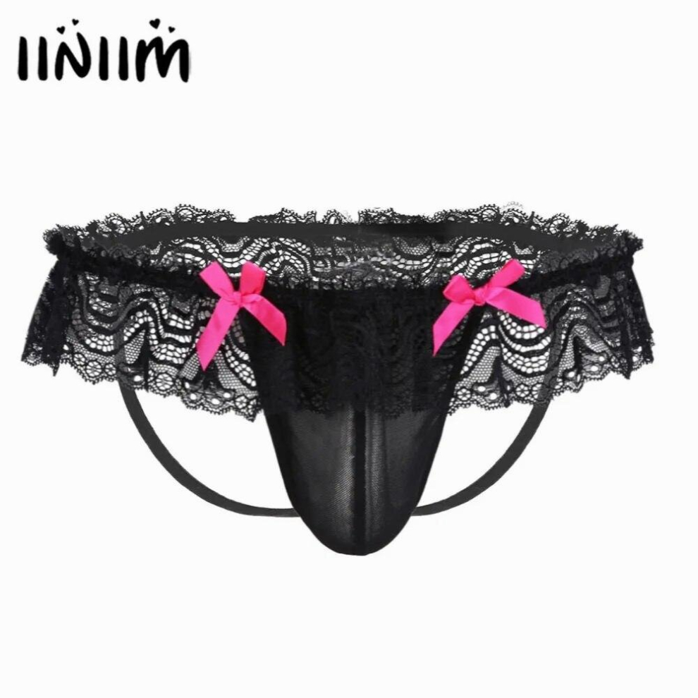 Mens Lingerie Sissy Gay Panties See Through Mesh Lace Thongs Underwear Underpants Bowknot Open Butt Jockstraps Bikini Briefs