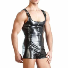 Sexy Men Underwear Sleeveless Open Crotch Faux Leather Zipper Bodysuit Shorts Jumpsuit Shapers gay