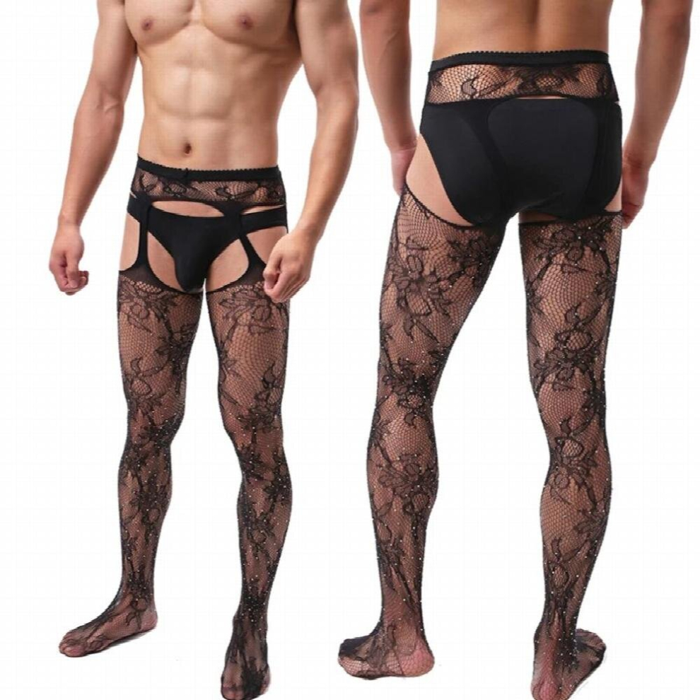 Black Men Sexy Pantyhose High Elastic Sissy Stockings Hollow Tight Garters Porn Pantyhose Hosiery Transparent Lingerie Sexy Clubwear