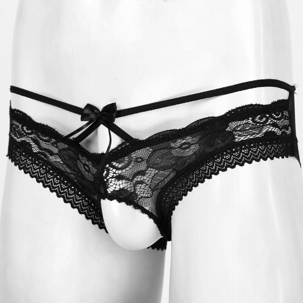 Black Mens See-Through Lace Briefs Sissy Underwear Bowknot Strappy Crotchless Sexy Panties Underpants Erotic Lingerie
