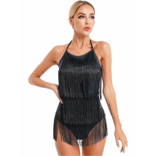 Women Latin Dance Practice Clothes Lace-up Halter Tassel Leotard Dress Fringed Bodysuit Jumpsuit for Performance Competition